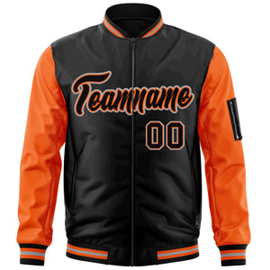 Custom Black Orange-Gray Varsity Full-Zip Raglan Sleeves Letterman Bomber Jacket