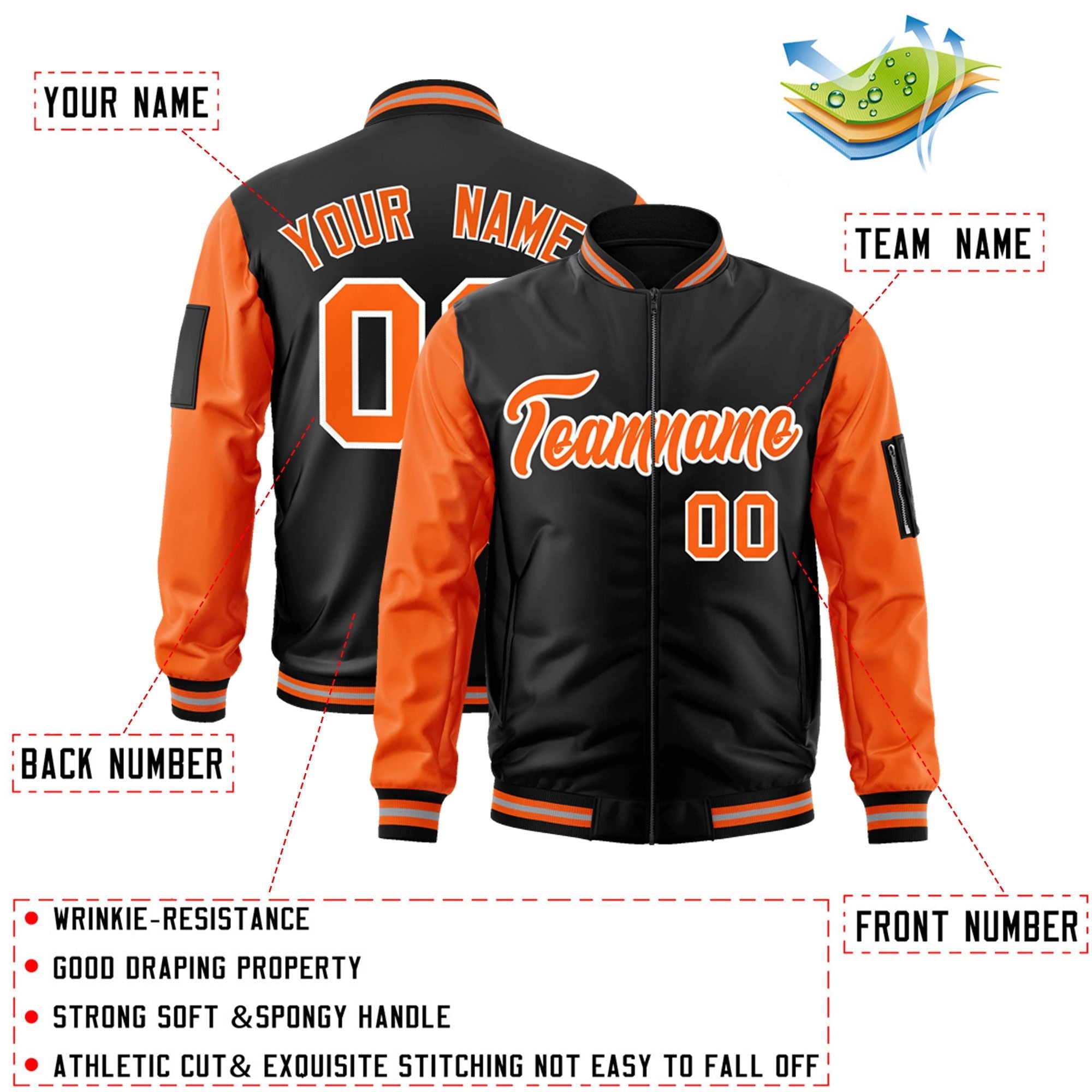 Custom Black Orange-White Varsity Full-Zip Raglan Sleeves Letterman Bomber Jacket