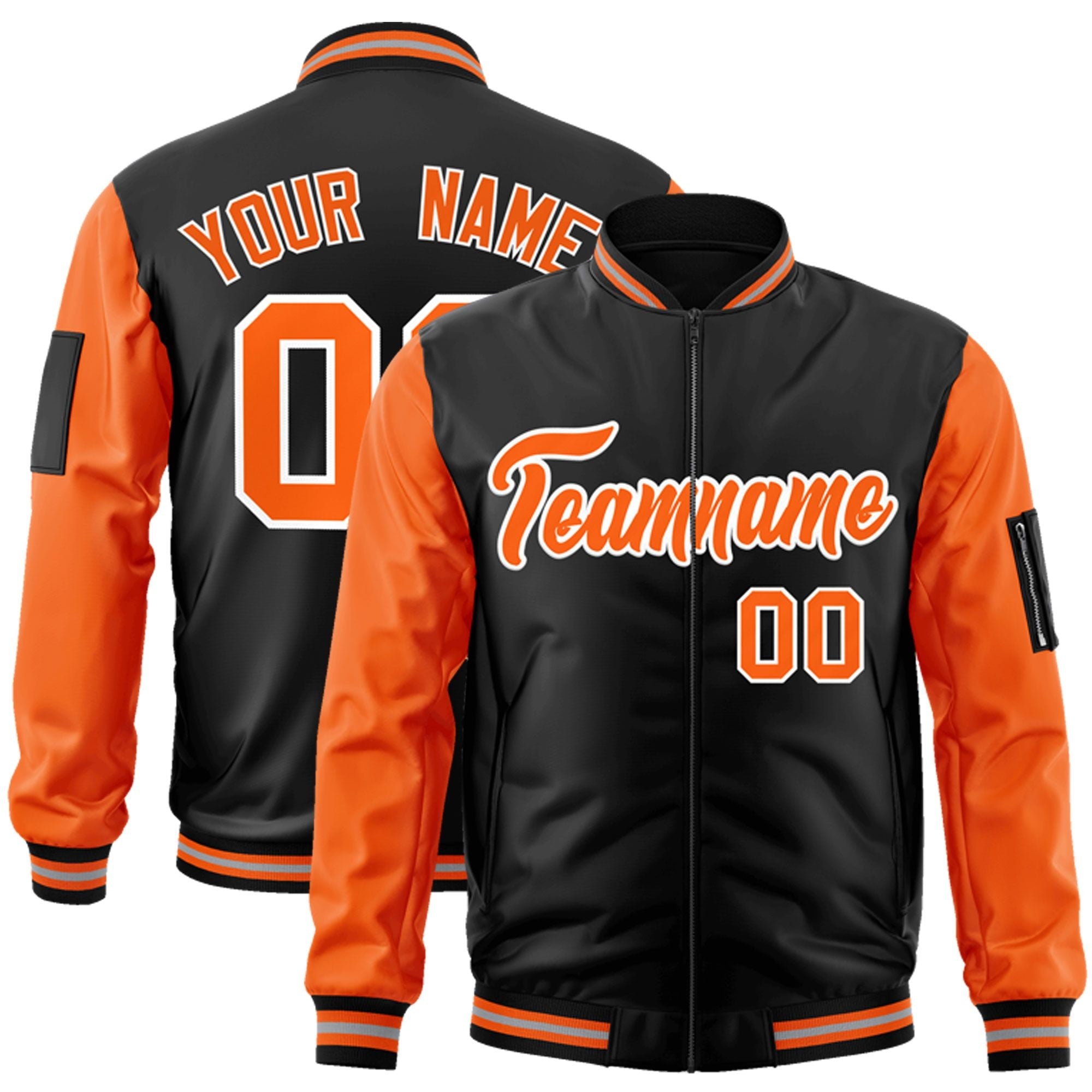 Custom Black Orange-White Varsity Full-Zip Raglan Sleeves Letterman Bomber Jacket