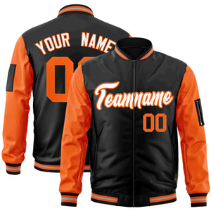 Custom Black Orange-White Varsity Full-Zip Raglan Sleeves Letterman Bomber Jacket