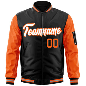 Custom Black Orange-White Varsity Full-Zip Raglan Sleeves Letterman Bomber Jacket