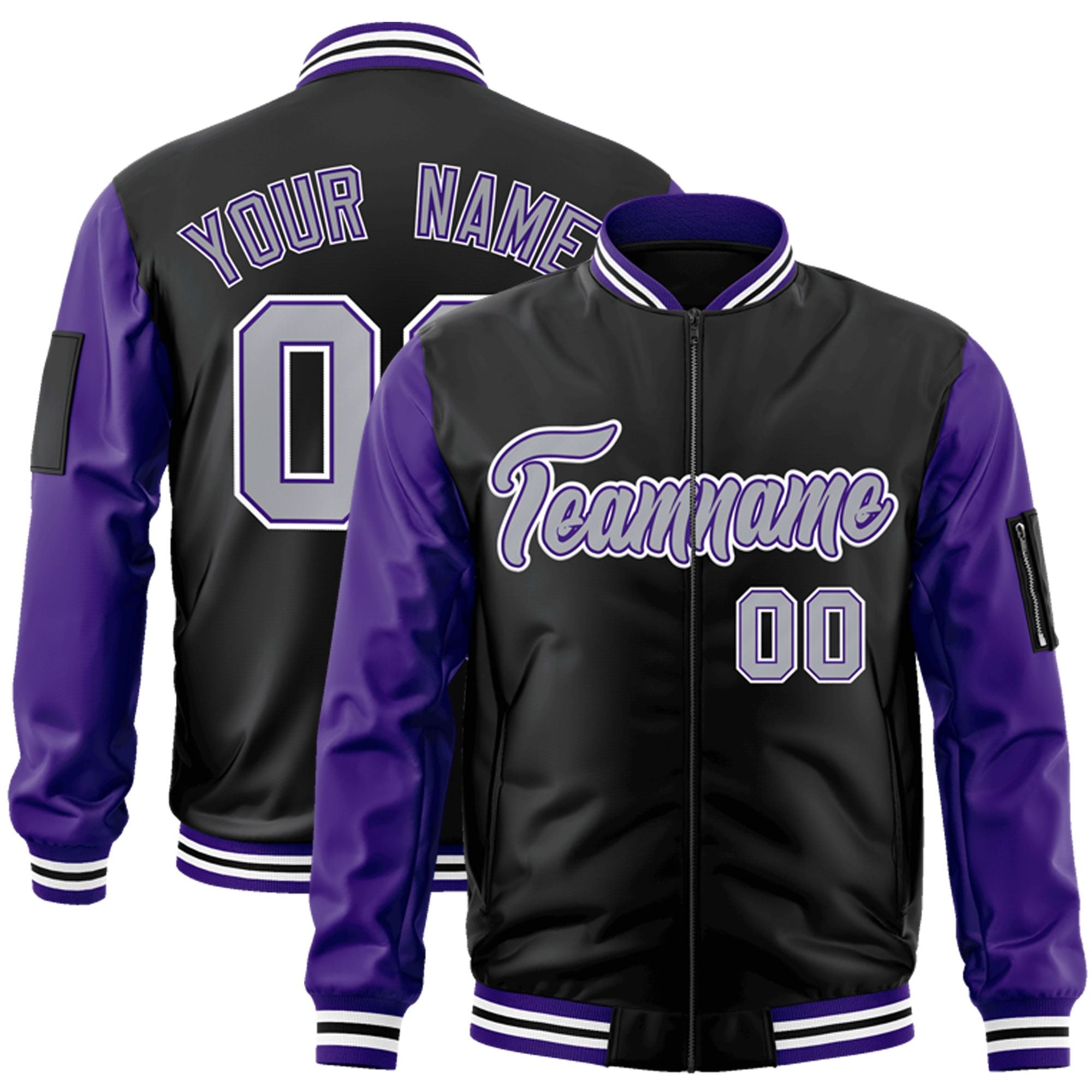 Custom Black Purple-Gray Varsity Full-Zip Raglan Sleeves Letterman Bomber Jacket