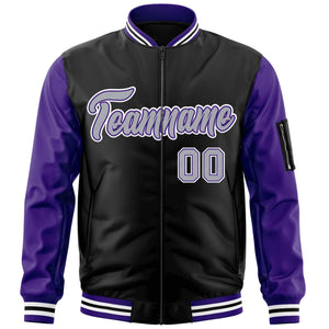 Custom Black Purple-Gray Varsity Full-Zip Raglan Sleeves Letterman Bomber Jacket