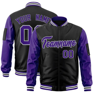 Custom Black Purple-Gray Varsity Full-Zip Raglan Sleeves Letterman Bomber Jacket