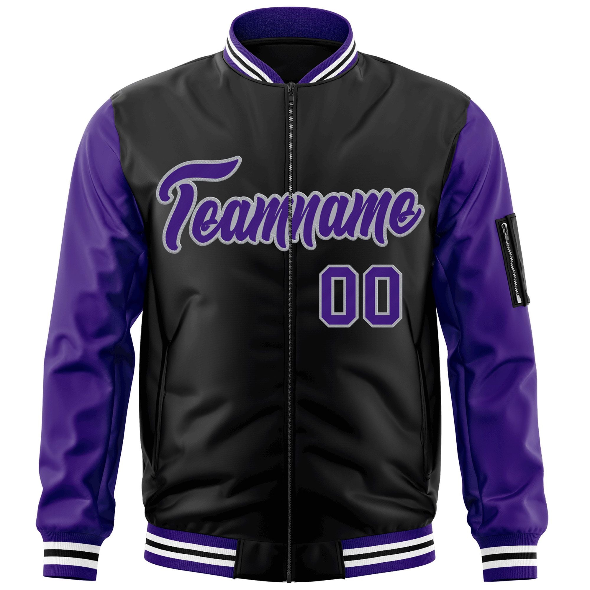 Custom Black Purple-Gray Varsity Full-Zip Raglan Sleeves Letterman Bomber Jacket