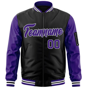 Custom Black Purple-Gray Varsity Full-Zip Raglan Sleeves Letterman Bomber Jacket