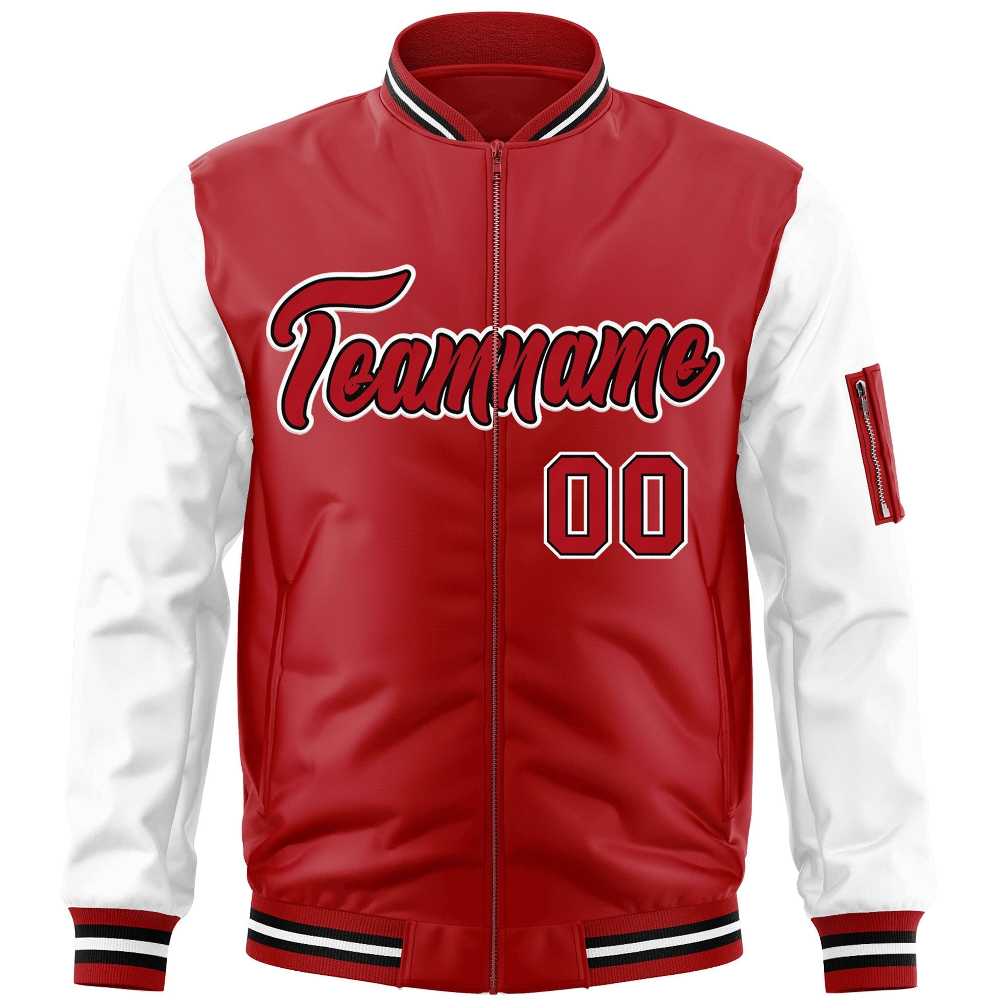 Custom Red White-Black Varsity Full-Zip Raglan Sleeves Letterman Bomber Jacket