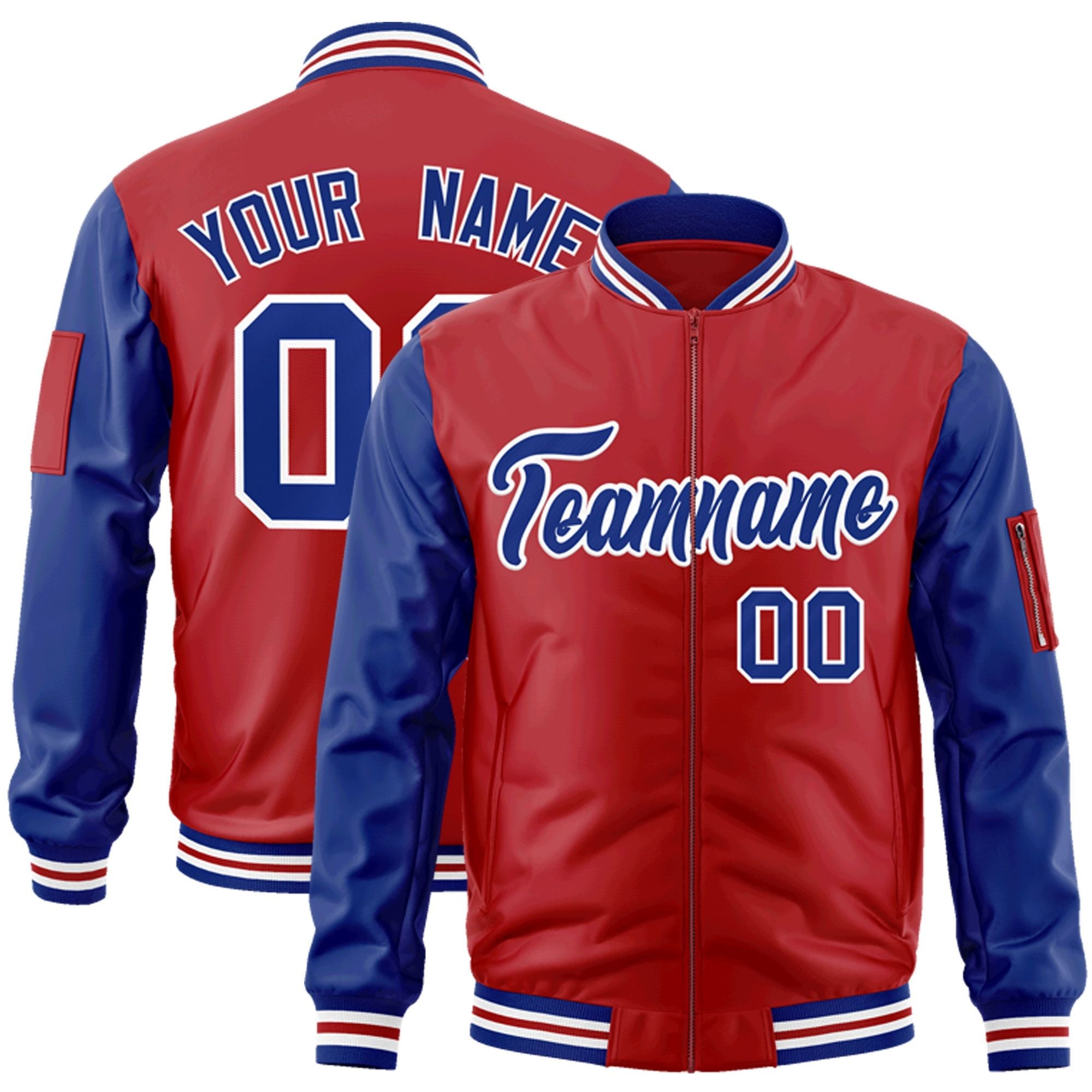 Custom Red Royal-White Varsity Full-Zip Raglan Sleeves Letterman Bomber Jacket