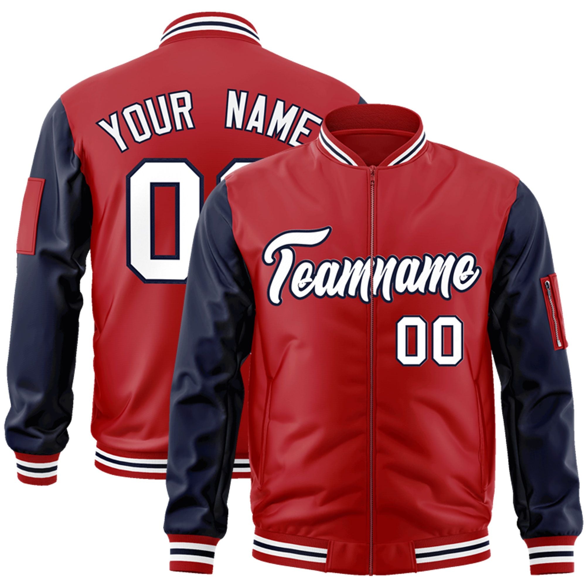 Custom Red Navy-White Varsity Full-Zip Raglan Sleeves Letterman Bomber Jacket