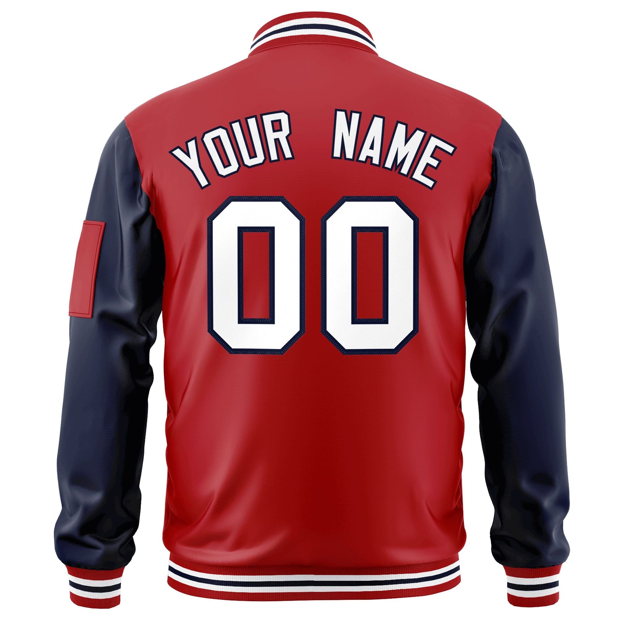 Custom Red Navy-White Varsity Full-Zip Raglan Sleeves Letterman Bomber Jacket