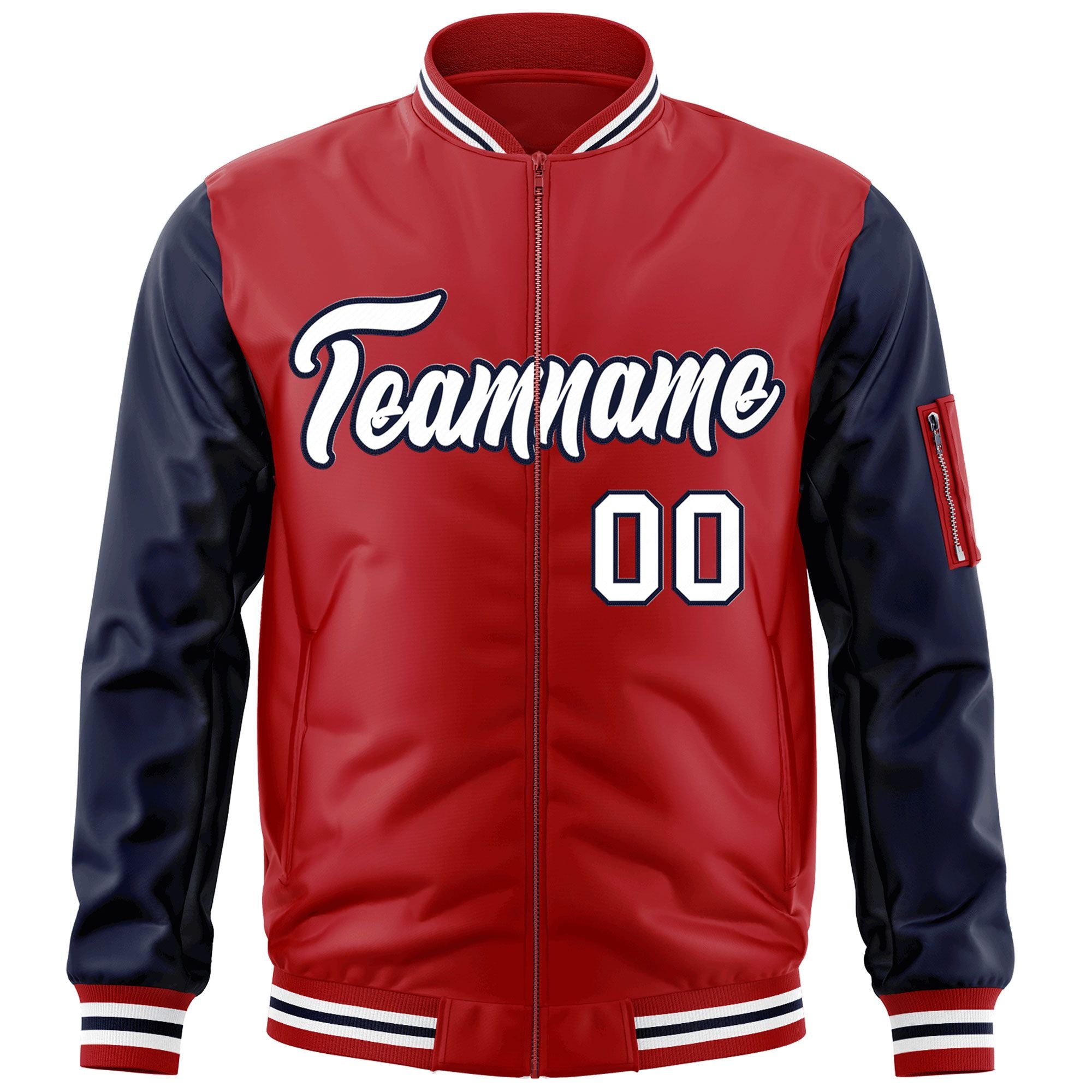 Custom Red Navy-White Varsity Full-Zip Raglan Sleeves Letterman Bomber Jacket