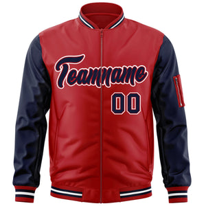 Custom Red Navy-White Varsity Full-Zip Raglan Sleeves Letterman Bomber Jacket