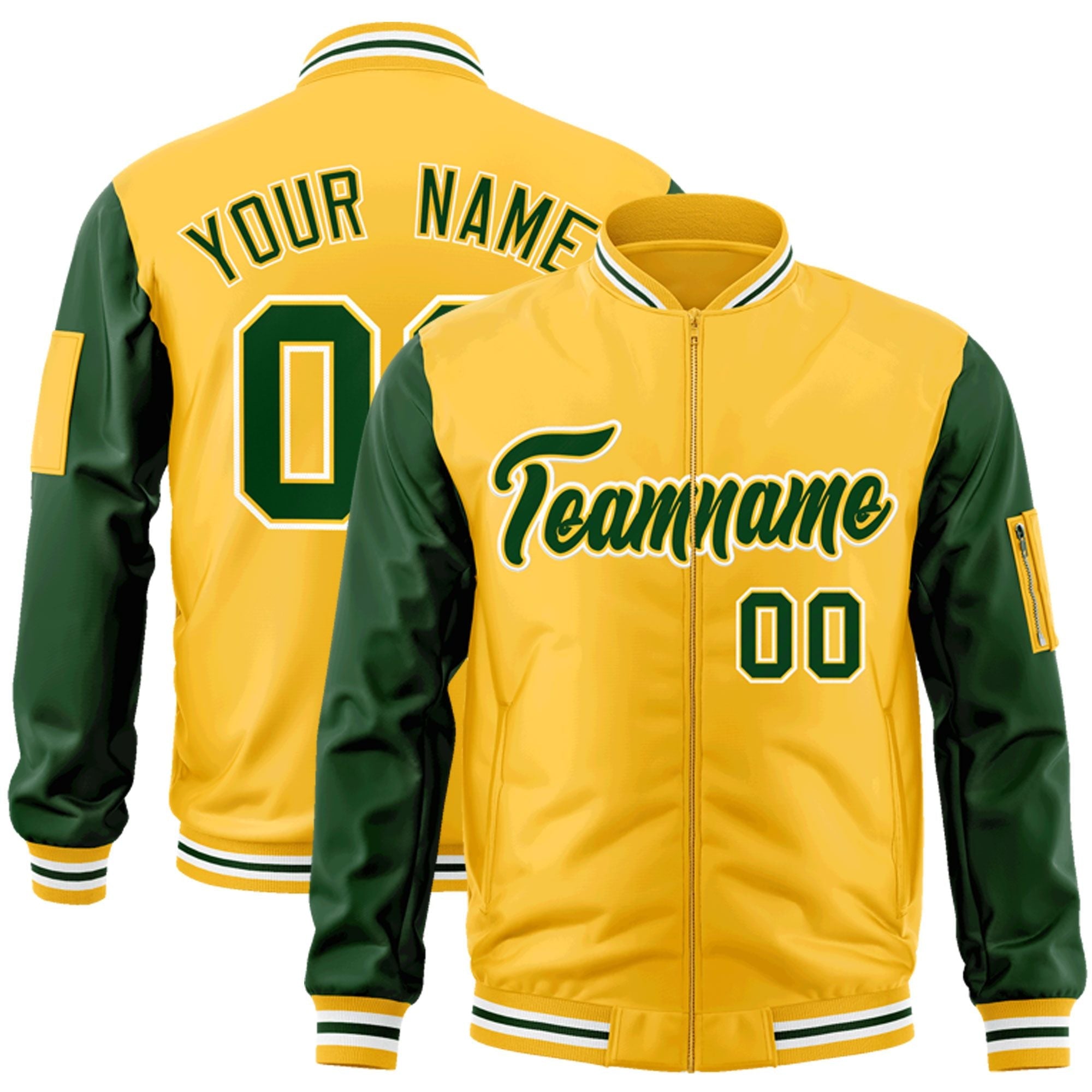 Custom Gold Green-White Varsity Full-Zip Raglan Sleeves Letterman Bomber Jacket