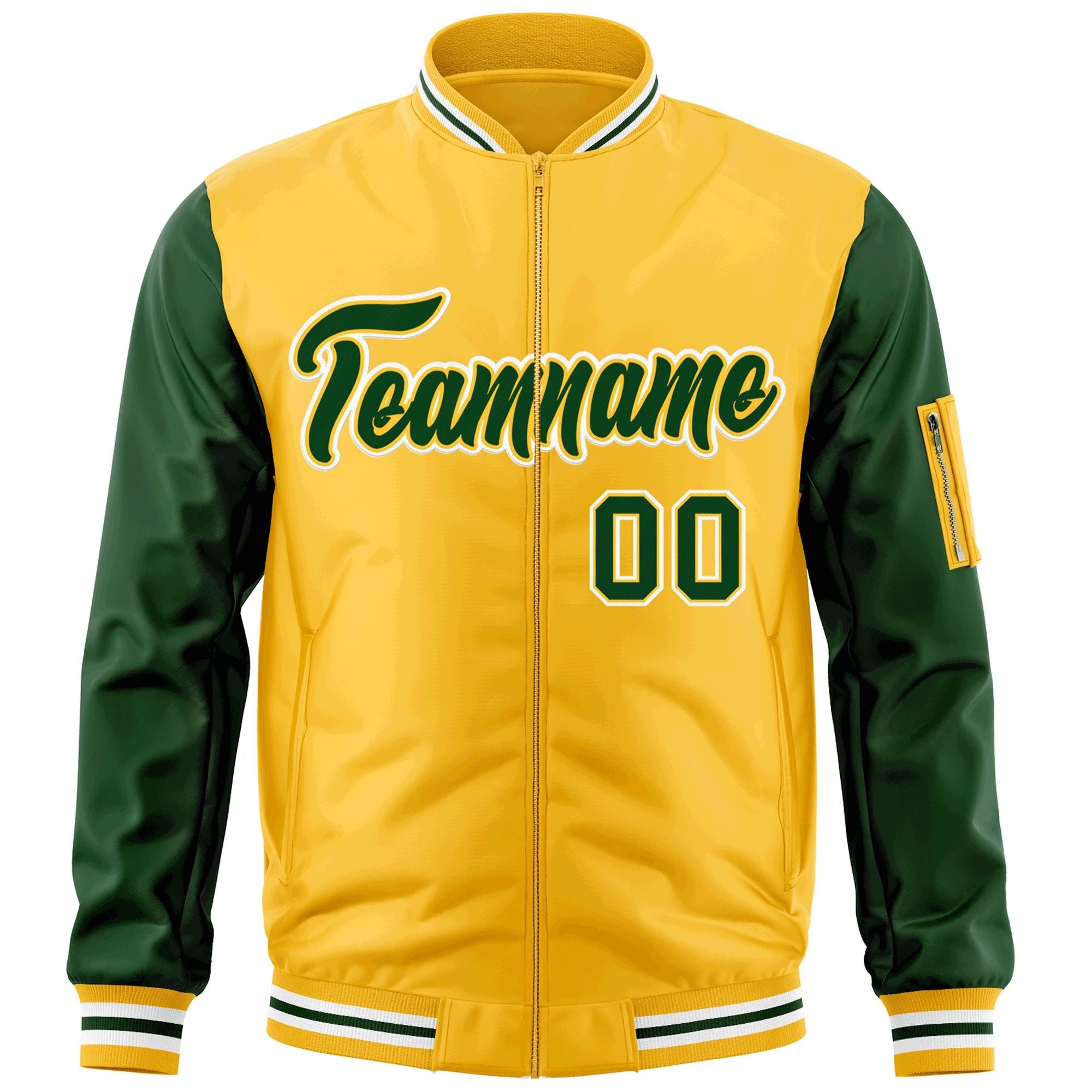 Custom Gold Green-White Varsity Full-Zip Raglan Sleeves Letterman Bomber Jacket