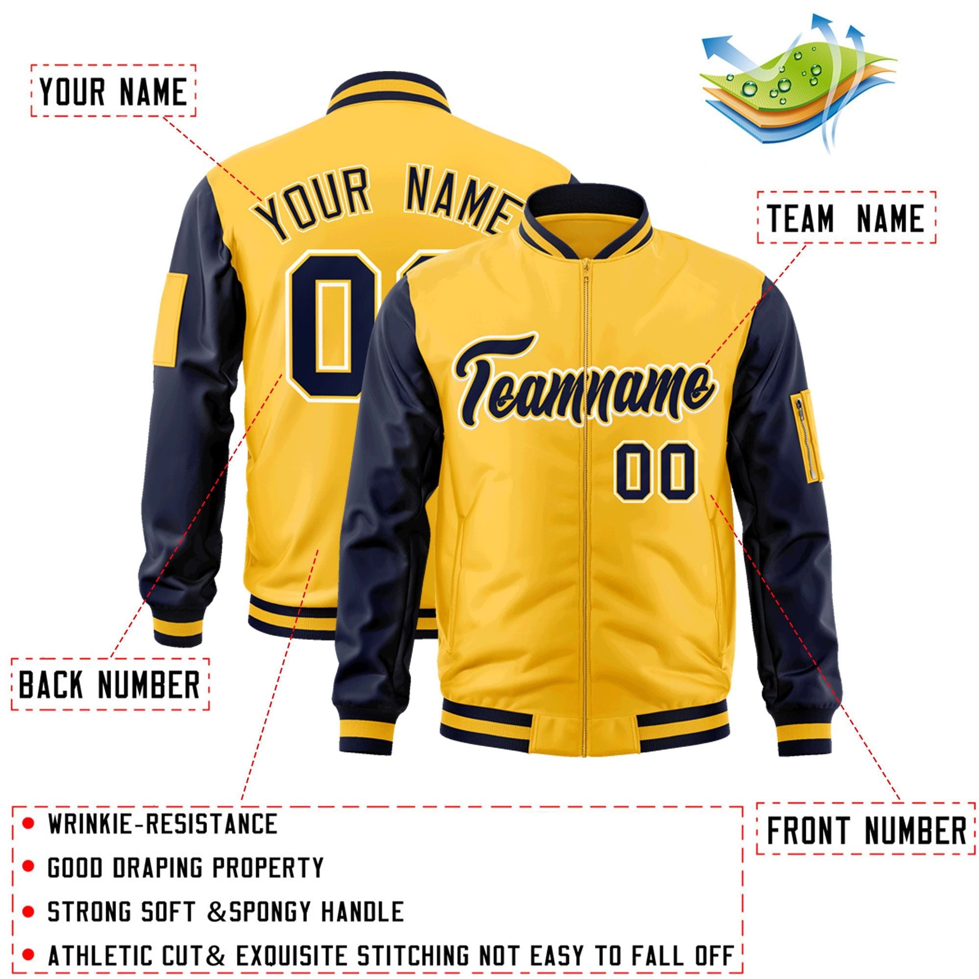 Custom Gold Navy-White Varsity Full-Zip Raglan Sleeves Letterman Bomber Jacket