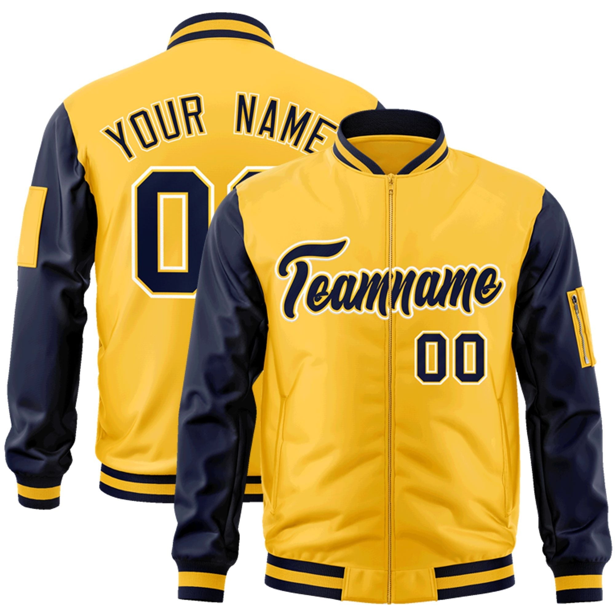 Custom Gold Navy-White Varsity Full-Zip Raglan Sleeves Letterman Bomber Jacket