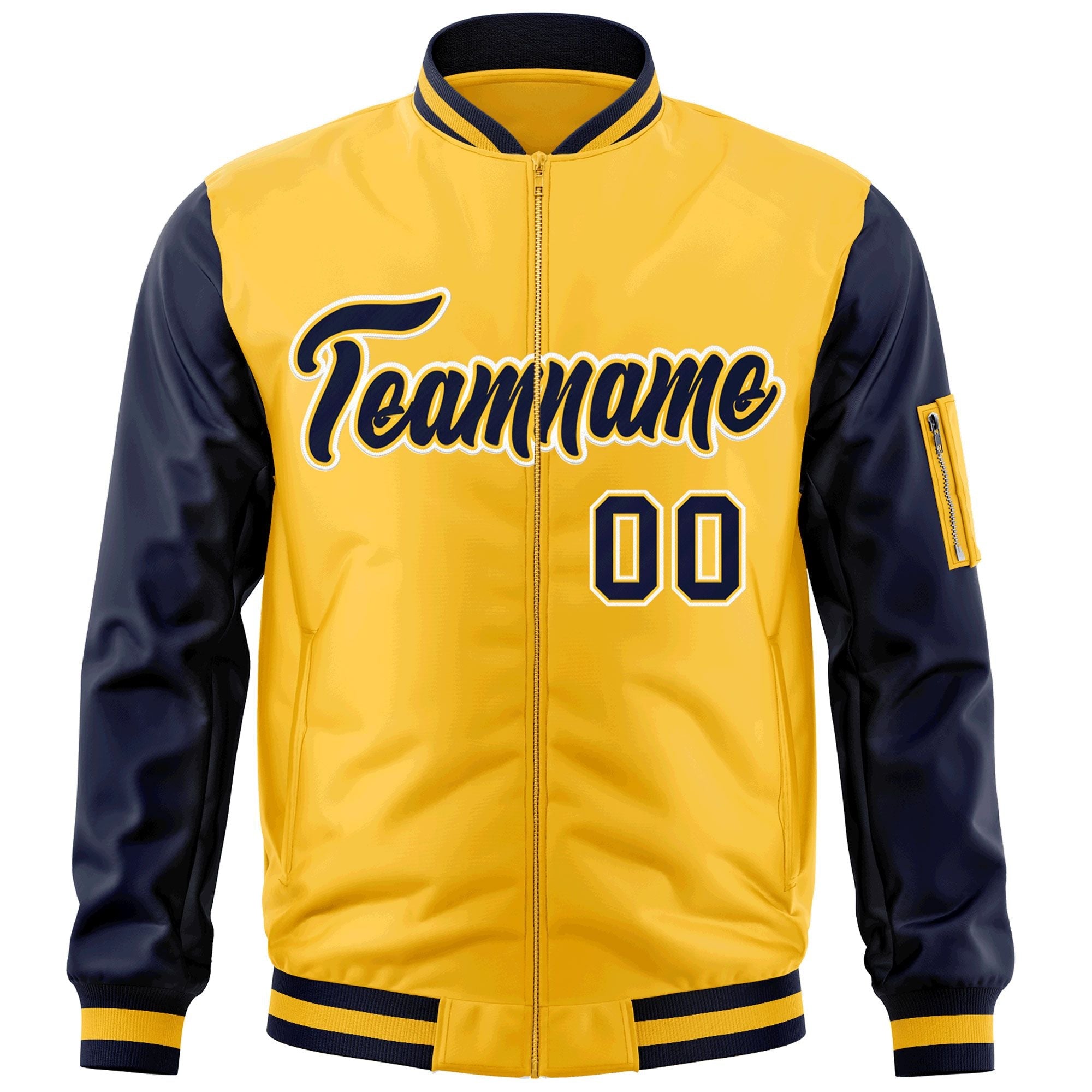 Custom Gold Navy-White Varsity Full-Zip Raglan Sleeves Letterman Bomber Jacket