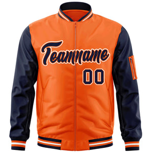 Custom Orange Navy-White Varsity Full-Zip Raglan Sleeves Letterman Bomber Jacket