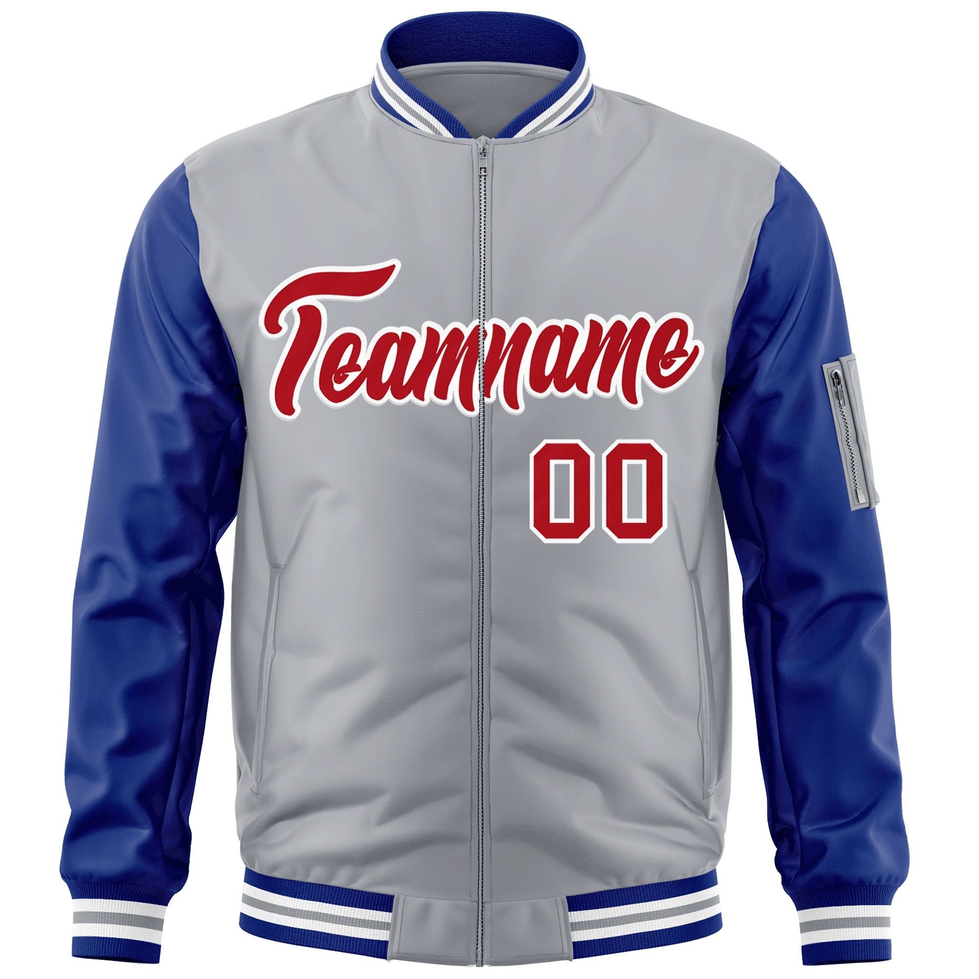 Custom Gray Royal-Red Varsity Full-Zip Raglan Sleeves Letterman Bomber Jacket