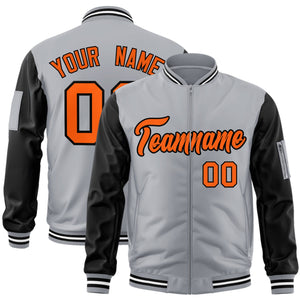 Custom Gray Black-Orange Varsity Full-Zip Raglan Sleeves Letterman Bomber Jacket