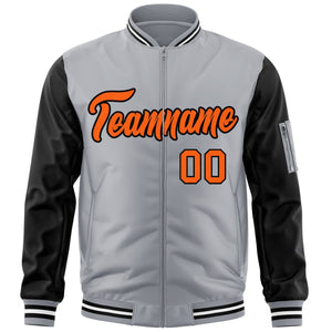 Custom Gray Black-Orange Varsity Full-Zip Raglan Sleeves Letterman Bomber Jacket