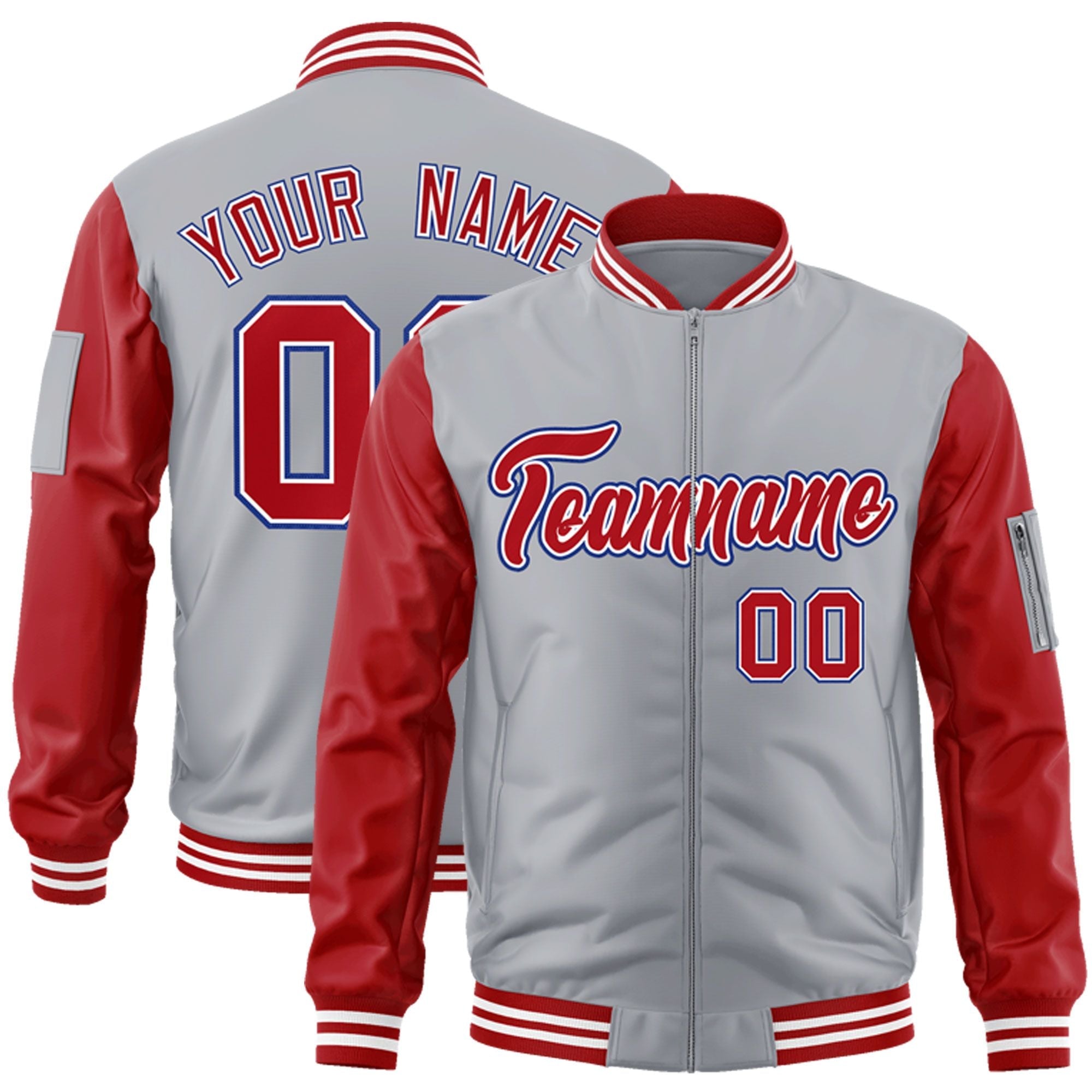 Custom Gray Red-Royal Varsity Full-Zip Raglan Sleeves Letterman Bomber Jacket