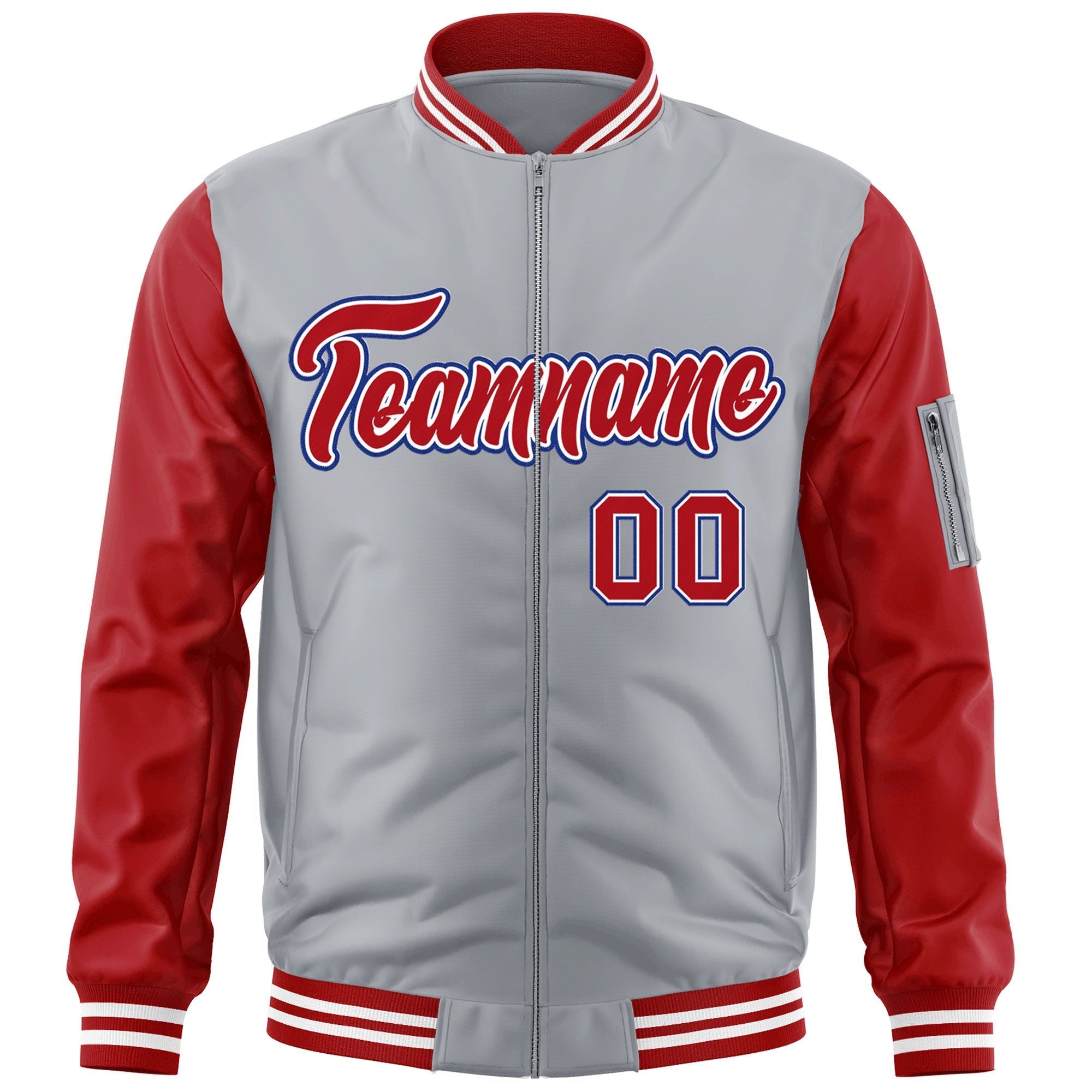 Custom Gray Red-Royal Varsity Full-Zip Raglan Sleeves Letterman Bomber Jacket