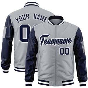 Custom Gray Navy-White Varsity Full-Zip Raglan Sleeves Letterman Bomber Jacket