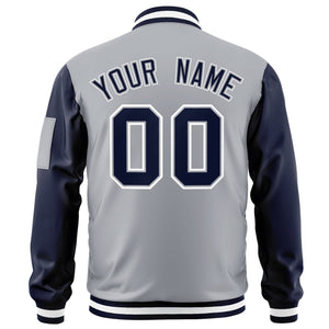 Custom Gray Navy-White Varsity Full-Zip Raglan Sleeves Letterman Bomber Jacket