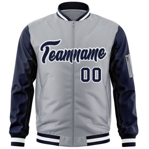 Custom Gray Navy-White Varsity Full-Zip Raglan Sleeves Letterman Bomber Jacket