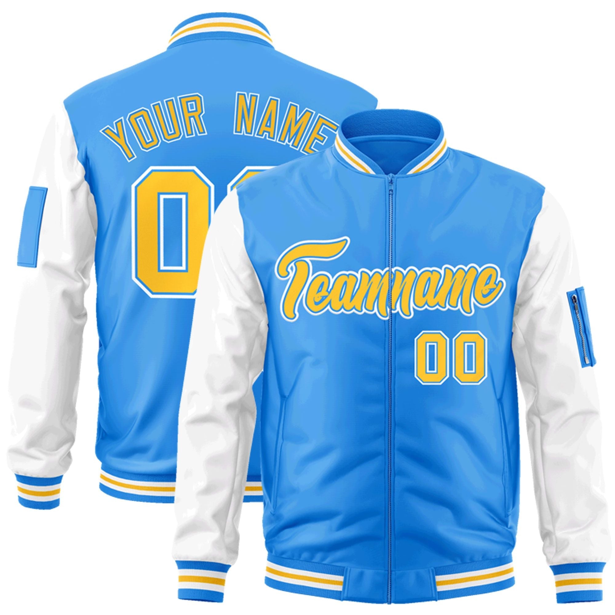 Custom Powder Blue White-Gold Varsity Full-Zip Raglan Sleeves Letterman Bomber Jacket