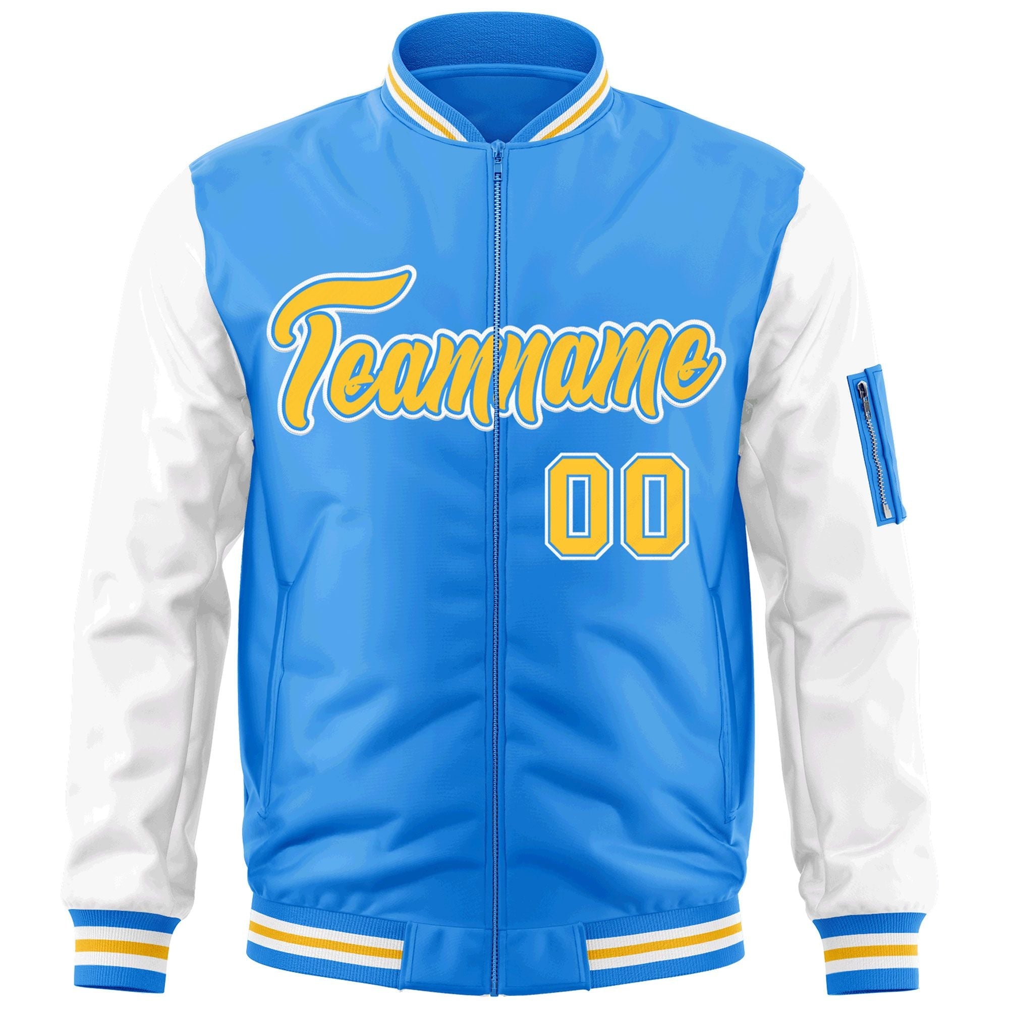 Custom Powder Blue White-Gold Varsity Full-Zip Raglan Sleeves Letterman Bomber Jacket