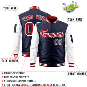 Custom Navy White-Red Varsity Full-Zip Raglan Sleeves Letterman Bomber Jacket