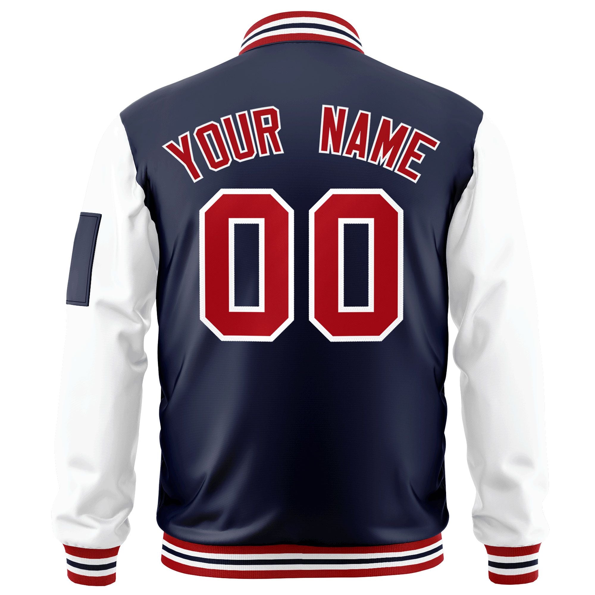 Custom Navy White-Red Varsity Full-Zip Raglan Sleeves Letterman Bomber Jacket