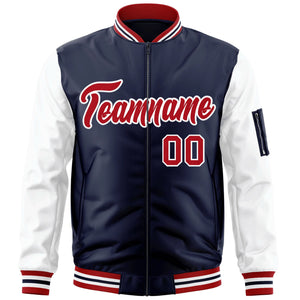 Custom Navy White-Red Varsity Full-Zip Raglan Sleeves Letterman Bomber Jacket