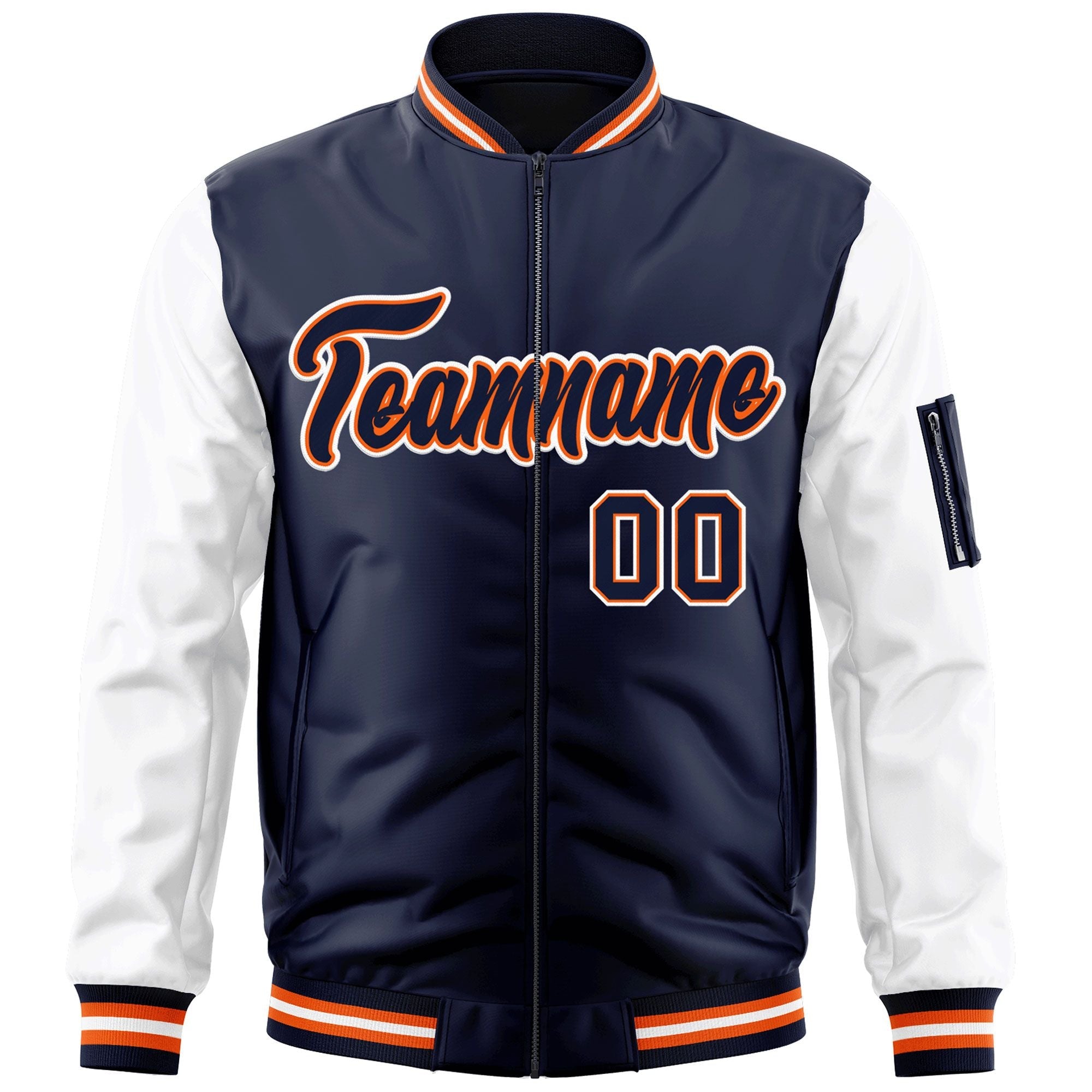 Custom Navy White-OrangeVarsity Full-Zip Raglan Sleeves Letterman Bomber Jacket