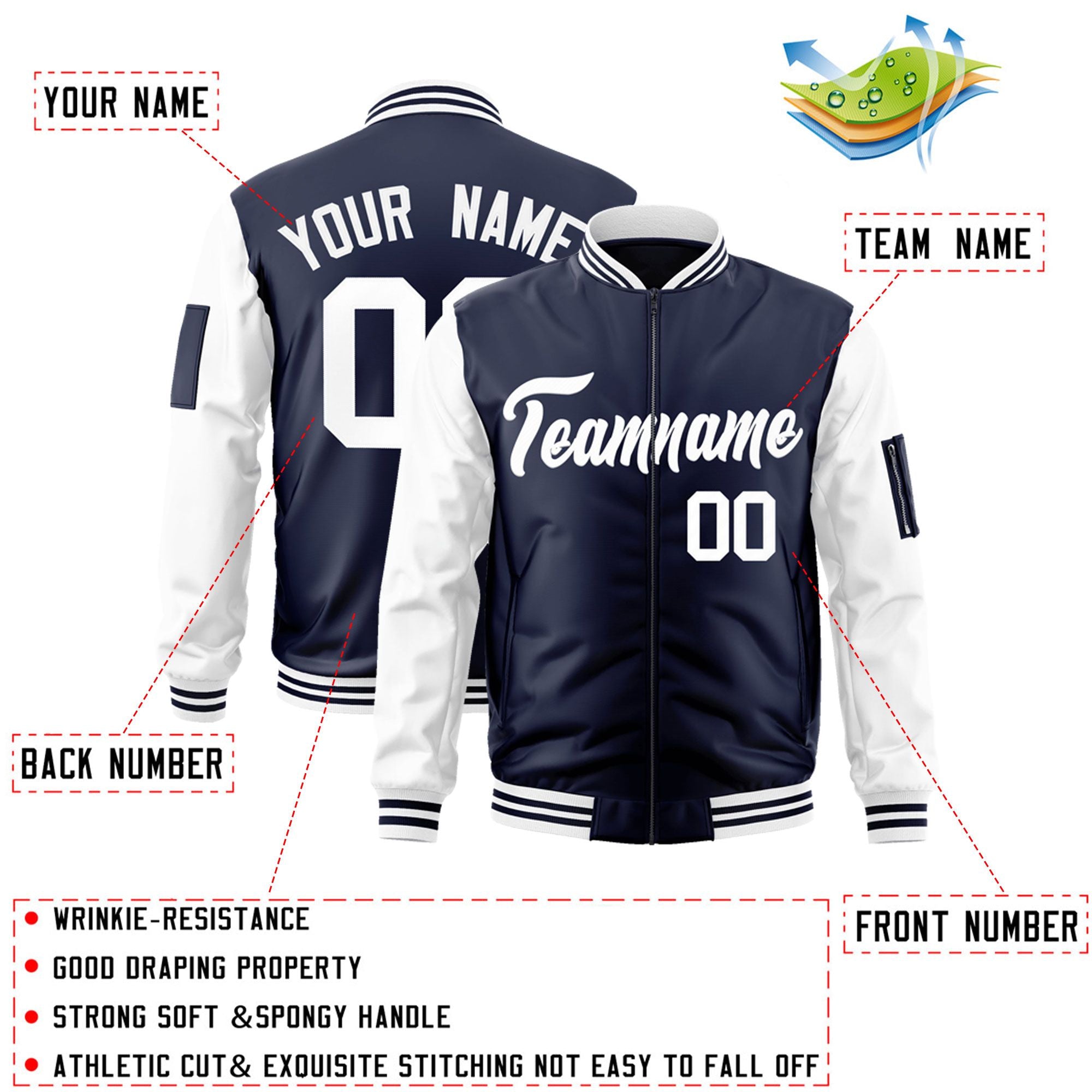 Custom Navy White Varsity Full-Zip Raglan Sleeves Letterman Bomber Jacket