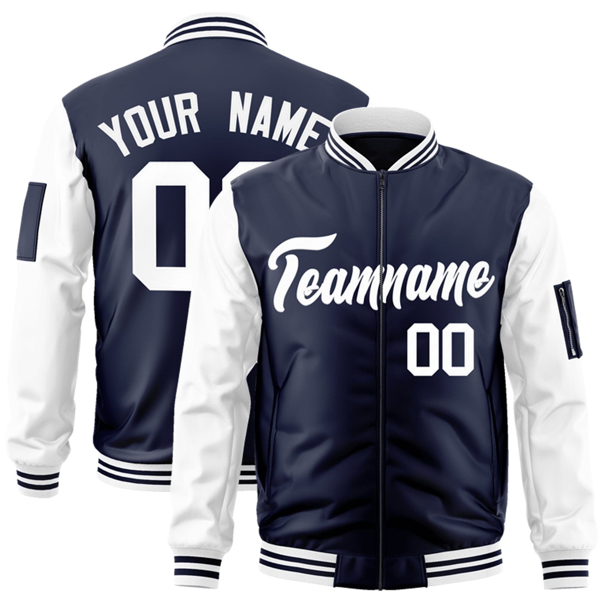 Custom Navy White Varsity Full-Zip Raglan Sleeves Letterman Bomber Jacket