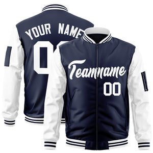 Custom Navy White Varsity Full-Zip Raglan Sleeves Letterman Bomber Jacket