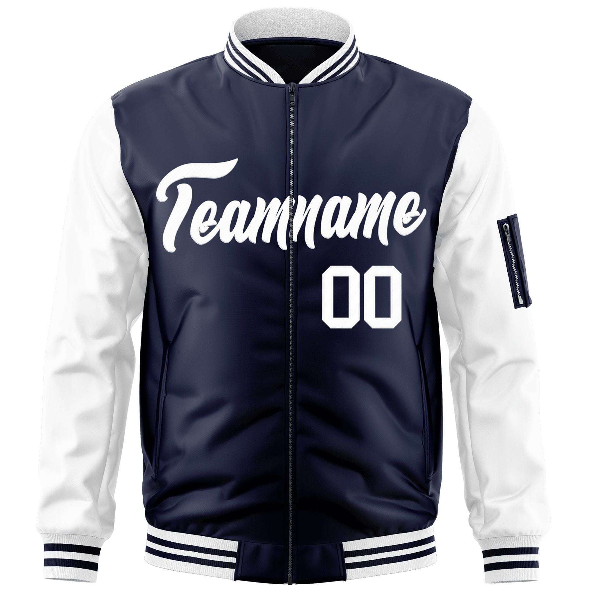 Custom Navy White Varsity Full-Zip Raglan Sleeves Letterman Bomber Jacket