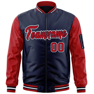 Custom Navy Red-White Varsity Full-Zip Raglan Sleeves Letterman Bomber Jacket