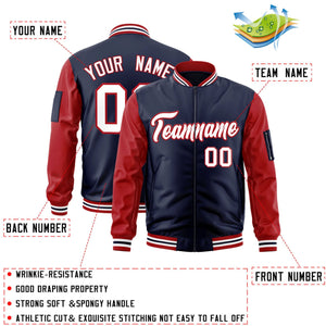 Custom Navy Red-White Varsity Full-Zip Raglan Sleeves Letterman Bomber Jacket