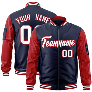 Custom Navy Red-White Varsity Full-Zip Raglan Sleeves Letterman Bomber Jacket