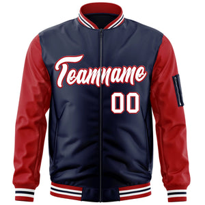 Custom Navy Red-White Varsity Full-Zip Raglan Sleeves Letterman Bomber Jacket