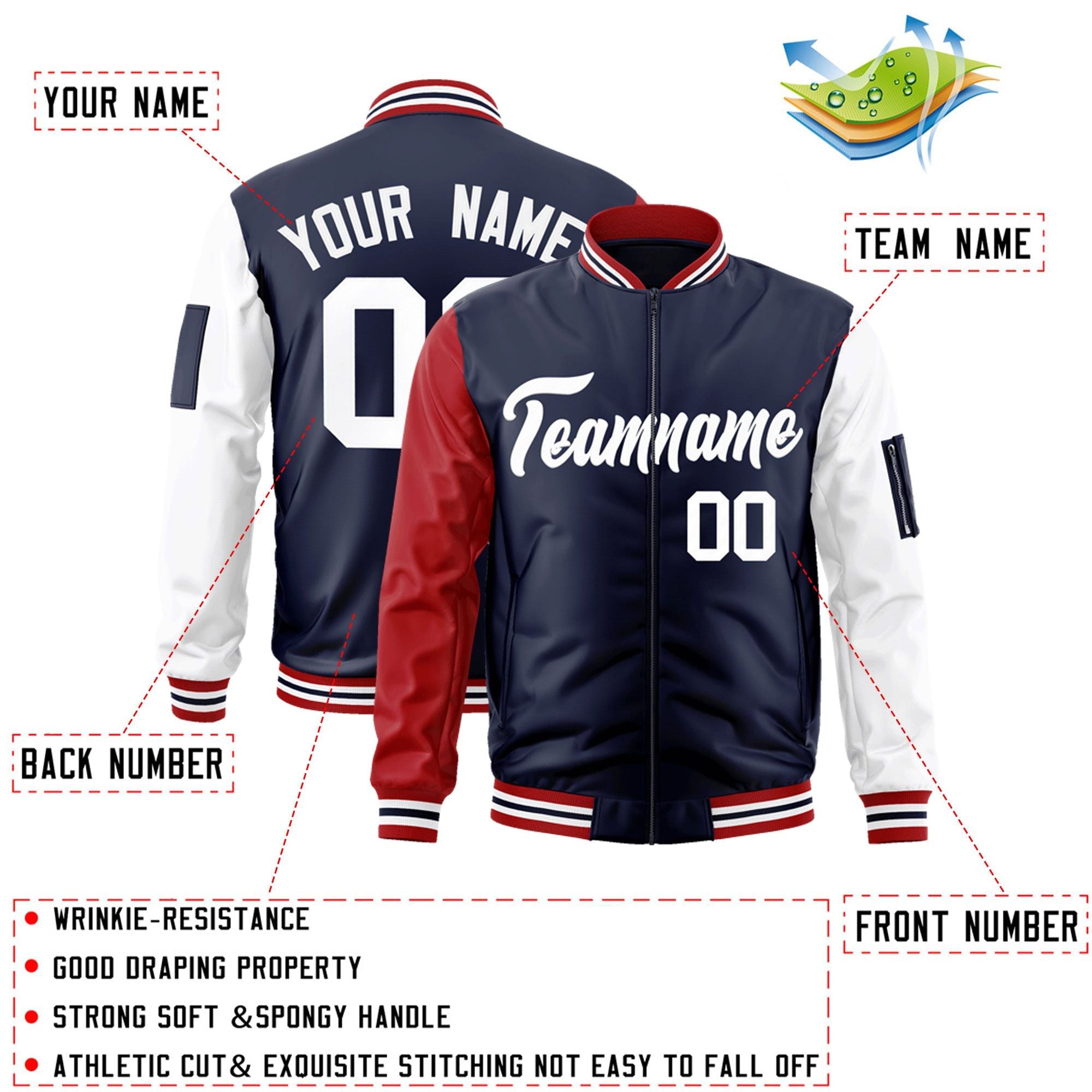 Custom Navy Red-White Varsity Full-Zip Raglan Sleeves Letterman Bomber Jacket