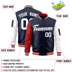 Custom Navy Red-White Varsity Full-Zip Raglan Sleeves Letterman Bomber Jacket