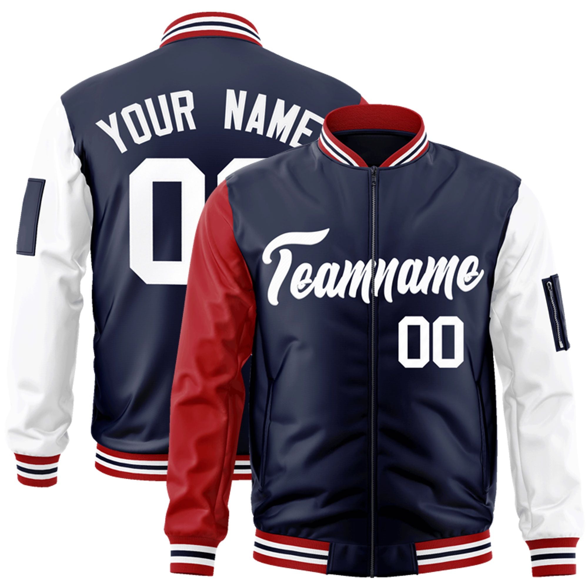 Custom Navy Red-White Varsity Full-Zip Raglan Sleeves Letterman Bomber Jacket