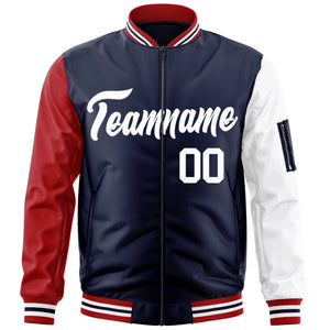 Custom Navy Red-White Varsity Full-Zip Raglan Sleeves Letterman Bomber Jacket