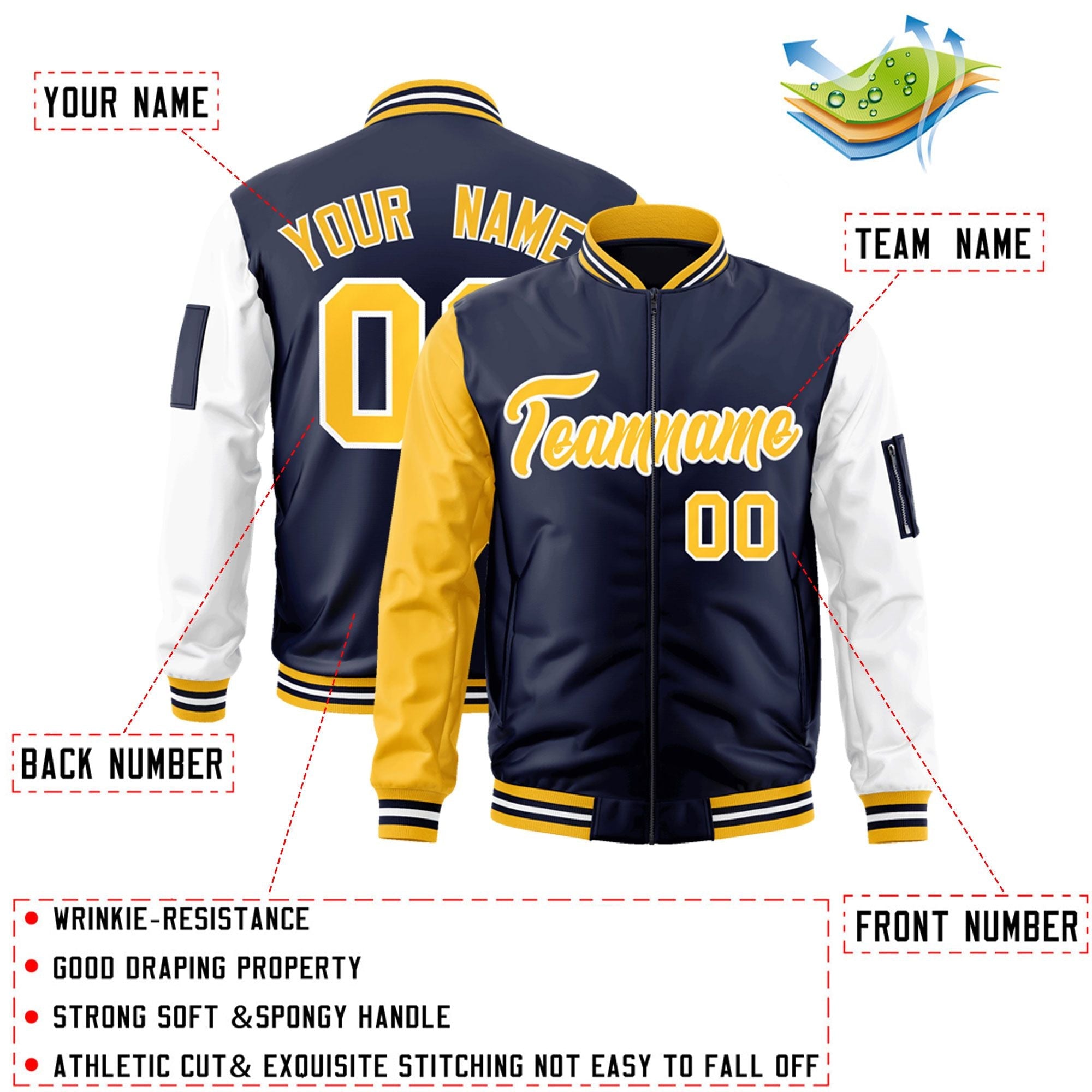 Custom Navy Gold-White Varsity Full-Zip Raglan Sleeves Letterman Bomber Jacket