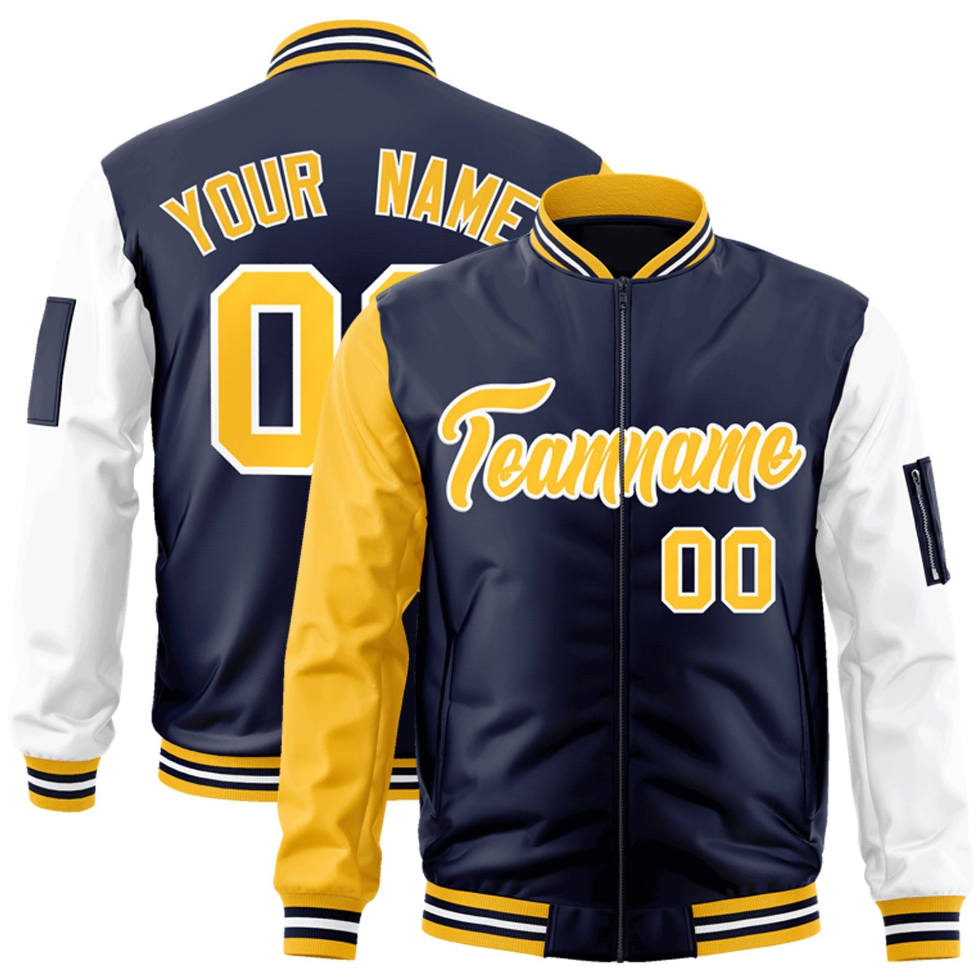 Custom Navy Gold-White Varsity Full-Zip Raglan Sleeves Letterman Bomber Jacket